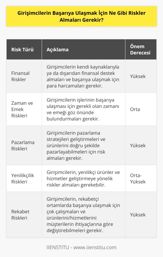 Girişimcilerin başarıya ulaşmak için almaları gereken riskler arasında öncelikle finansal riskler yer alır. Girişimcilerin kendi kaynaklarıyla ya da diğer kaynaklardan finansal olarak destek almaları ve başarıya ulaşmak için para harcamaları gerekir. Aynı zamanda girişimcilerin işlerinin başarıya ulaşması için gerekli olan zaman ve emeği de göz önünde bulundurmaları gerekir. Girişimciler ayrıca pazarlama stratejileri geliştirmeleri ve ürünlerini doğru şekilde pazarlayabilmeleri için de risk almaları gerekir. Girişimcilerin, yenilikçi ürünler ve hizmetler geliştirmeye yönelik riskler almaları da gerekebilir. Girişimcilerin, rekabetçi ortamlarda başarıya ulaşmak için çok çalışmaları ve ürünlerini ve hizmetlerini müşterilerinin ihtiyaçlarına göre değiştirebilmeleri de gerekli olabilir.
