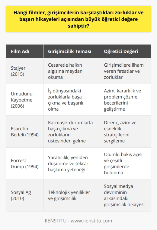 Girişimcilerin deneyimleri ve başarı hikayeleri, genellikle büyük öğretici değere sahip olan filmlerde konu edilir. Bu filmler, girişimcilikle ilgili hem teorik bilgileri hem de pratik uygulamaları bir arada sunan güçlü eğitim araçlarıdır. Özellikle, Stajyer (2015) gibi drama ve biyografik filmler, girişimcilere ilham verebilecek fırsatlar ve zorluklarla dolu karakterlerin hikayeleri aracılığıyla girişimciliği anlatır. Bu film, bir girişimcinin cesaretle halkın algısına meydan okuyarak başarıya ulaşabileceğini gösterir.  Başka bir örnek olan Umudunu Kaybetme (2006), iş dünyasındaki zorluklarla başa çıkmak ve başarılı olmak için gereken azmi ve kararlılığı yansıtır. Karakterlerin kişisel ve profesyonel savaşları, çözüm arama ve problem çözme becerilerinin geliştirilmesini destekler.  Dahası, Esaretin Bedeli (1994) gibi filmler, karmaşık durumlarla başa çıkmak ve zorlukların üstesinden gelmek için gereken stratejileri ve esnekliği sergiler. Hikaye, direnç ve azmin, hatta en umutsuz durumlarda bile başarıya nasıl ulaşabileceğini gösteriyor.  Son olarak, Forrest Gump (1994), girişimciliğin yaratıcılık, yeniden düşünme ve tekrar başlama yeteneğini vurgular. Filmin ana karakteri, sınırlı zeka seviyesine rağmen, çeşitli girişimlerde bulunarak ve her durumda olumlu bir bakış açısıyla yaşam yolunda ilerler. Her bir film, farklı   ne ve stratejilere odaklanır ve seyircilere, başarıya ulaşmak için mücadele etmeye ve bunu nasıl yapmaya çalışacakları konusunda ilham verir. Bu nedenle, girişimcilikle ilgili öğretici değeri yüksek olan filmler, geleceğin girişimcilerine paha biçilemez bilgi ve deneyimler sunar.