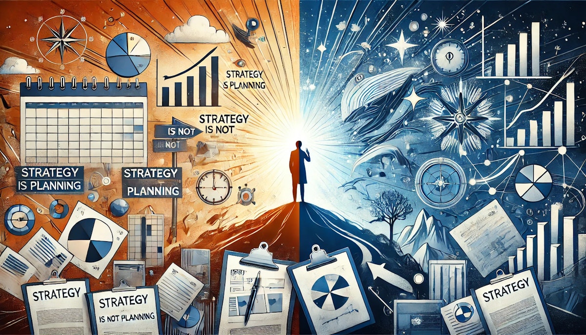 A symbolic split-screen illustration: on the left, a person buried in charts, papers, and a calendar representing the chaos of task-based planning; on the right, a person on a hill holding a map, gazing toward a radiant horizon with stars, a lighthouse, and a winding path — symbolizing the clarity and purpose of strategic vision