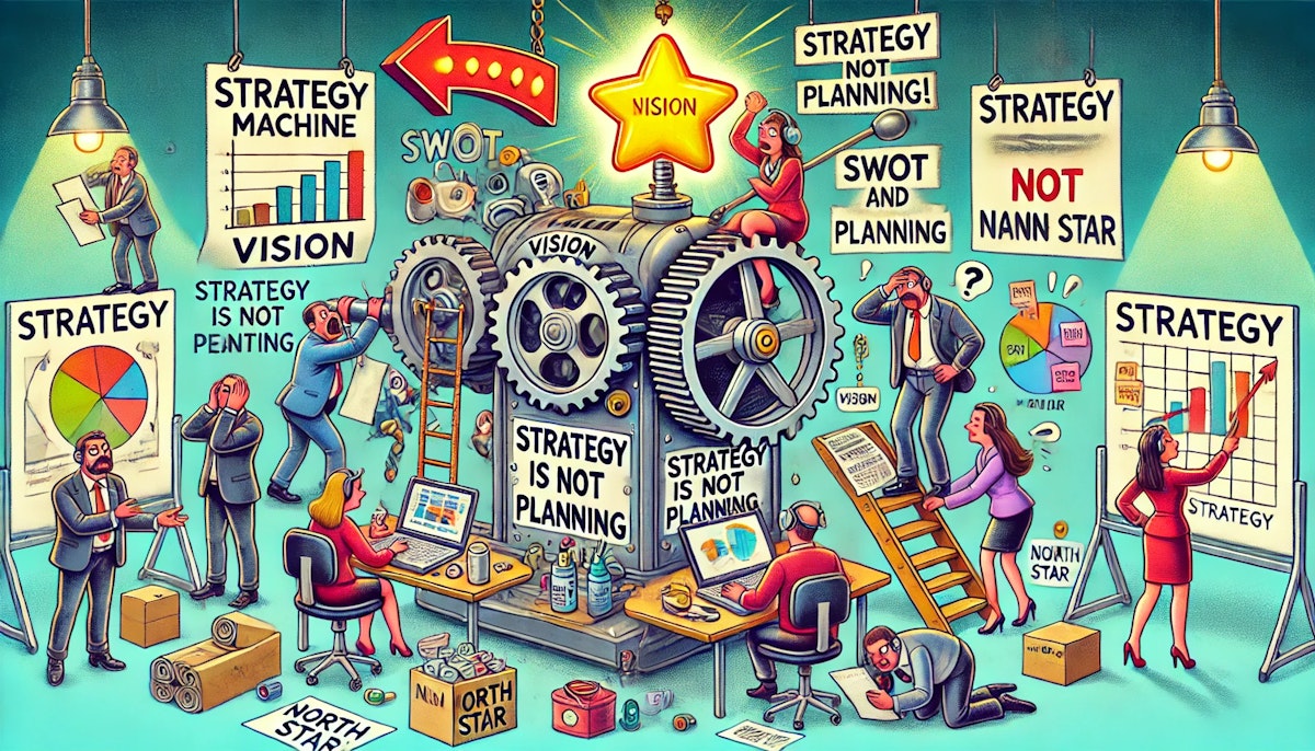 A cartoon-style office scene where a team is building a humorous 'Strategy Machine'. On the left, characters are confused while analyzing charts and conducting SWOT/PESTEL. In the center, a large lever labeled 'VISION' is being pulled, pointing to a glowing star labeled 'North Star'. On the right, team members scramble with charts and checklists, while one character holds a sign that says 'Strategy is NOT Planning!'. The overall vibe is exaggerated and colorful, conveying the difference between strategy and planning in a playful way.