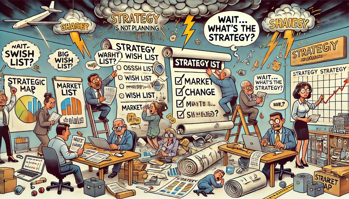 A colorful cartoon-style office scene showing the pitfalls of overlooking strategy. One team fixates on charts and checklists, unaware of a large 'Strategic Map' behind them. Another team looks confused at a giant 'Wish List' scroll. A storm cloud labeled 'Market Change' hits a fragile planning board. One employee is buried in metrics with a ruler, while another looks overwhelmed by a jam-packed calendar. In the corner, a lone figure holds a sign saying 'Wait... what’s the strategy?'. The illustration uses humor to highlight the dangers of confusing strategy with planning.