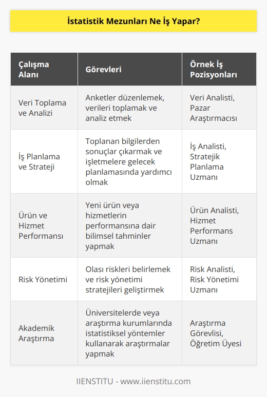 İstatistik mezunları ne iş yapar diye araştırdığımızda, sayısal veriler topladıkları ve toplanan bilgilerden sonuçlar çıkardıkları yanıtına ulaşırız. Anketler düzenler ve işletmelerin gelecek için plan yapmasına yardımcı olurlar. Yeni bir ürünün veya hizmetin ne kadar performans göstereceğine dair bilimsel tahminler yaparlar.