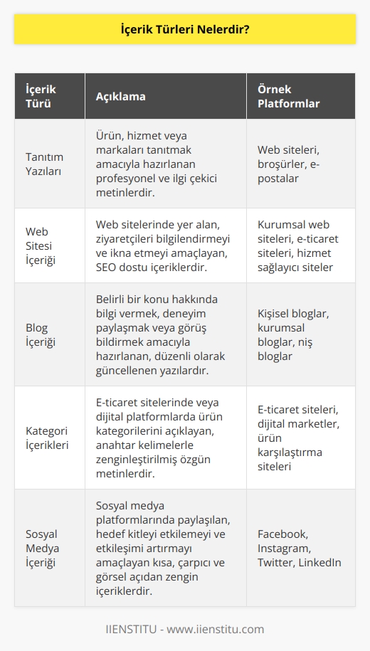 İçerik denildiğinde ilk akla yazılı içerikler gelir. Ancak video, müzik, oyun ve uygulamalarda içerik olarak ifade edilir. En fazla kullanılan içerik türleri, Tanıtım Yazıları, Web Sitesi İçeriği, Blog İçeriği, Kategori İçerikleri, Reklam Metinleri, Röportajlar, Sosyal Medya içeriği, Ürün Açıklama İçeriği.