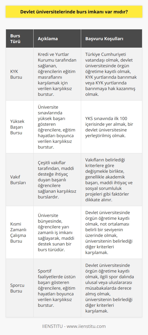 Devlet üniversitelerinde direkt öğrenciye üniversite tarafından burs verilmez. Zaten devlet üniversitelerinde eğitim için ücret alınmaz. Öğrenci devlet veya vakıflardan öğrenci bursu başvurusu yapabilir.