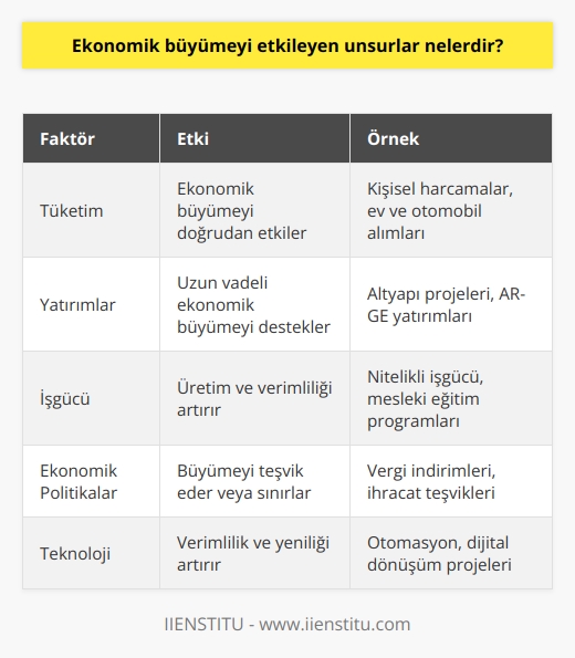 1. Tüketim: Bir ülkenin ekonomik büyümesini etkileyen en önemli faktörlerden biri olan tüketim, kişilerin kendilerine, çevrelerine ve ülkelerine olan harcama yapma eğilimidir.  2. Yatırımlar: Ülkeler, girişimciler ve kişiler tarafından yapılan yatırımlar, ekonomik büyümeyi destekleyen önemli bir etkendir.  3. İşgücü: İşgücü, üretimin artmasının ve ekonomik büyümenin temel taşıdır.  4. Ekonomik Politikalar: Ekonomik politikalar, ekonomik büyümeyi desteklemek için çeşitli vergiler, teşvikler veya uygulamalar aracılığıyla yürütülen stratejilerdir.  5. Teknoloji: Teknoloji, ekonomik büyümeyi ilerletmek için geliştirilen yenilikler aracılığıyla, üretim ve tüketimin artmasını desteklemektedir.  6. Ticaret: Ülkeler arası ticaret, ülkelerin ihracatını arttırarak, ekonomik büyümeyi hızlandırmak için kullanılan önemli bir araçtır.  7. Finansal Sistem: Finansal sistem, ekonomik büyümeyi desteklemek için fon sağlayan ve ülkelerin para birimlerinin değerini korumak için önemli bir unsur olarak kabul edilir.