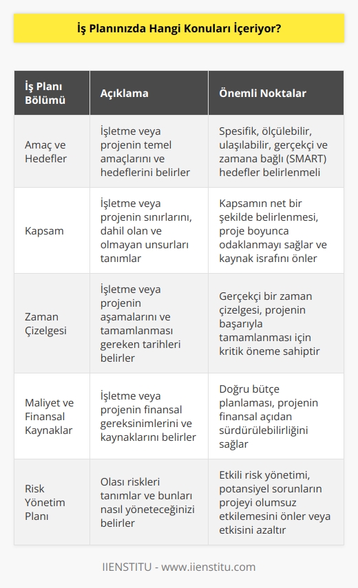 İş planı, özel bir işletme veya projenin başarıyla gerçekleşmesi için gerekli bütün detayları içeren bir plan veya yönergedir. İş planı, özellikle işin başlangıcında önemli faydalar sağlayan ayrıntılı bir belgedir. İş planının içeriği, işletme veya projenin amacına uygun olarak değişir, ancak genellikle aşağıdakileri içerir:  - İşletme veya projenin amacı ve hedefleri - İşletme veya projenin kapsamı - İşletme veya projenin özellikleri - İşletme veya projenin zaman çizelgesi - İşletme veya projenin maliyeti ve finansal kaynakları - İşletme veya projenin stratejik planı - İşletme veya projenin kurumsal yönetimi - İşletme veya projenin pazarlama planı - İşletme veya projenin operasyonel planı - İşletme veya projenin risk yönetim planı