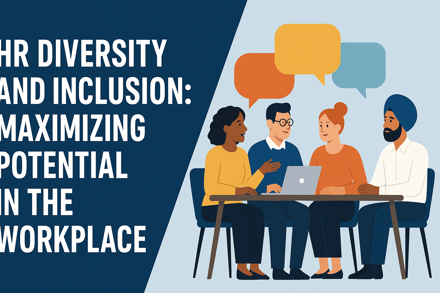 HR Diversity and Inclusion visual – A modern workplace setting where employees of different races, genders, and cultural backgrounds collaborate at a shared table. The image highlights the theme “HR Diversity and Inclusion: Maximizing Potential in the Workplace,” emphasizing inclusion, equality, and teamwork in human resources.