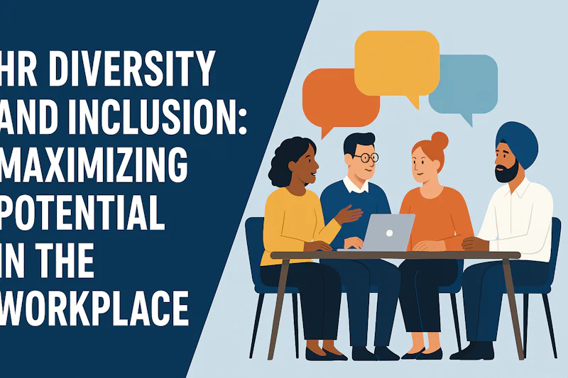 HR Diversity and Inclusion visual – A modern workplace setting where employees of different races, genders, and cultural backgrounds collaborate at a shared table. The image highlights the theme “HR Diversity and Inclusion: Maximizing Potential in the Workplace,” emphasizing inclusion, equality, and teamwork in human resources.