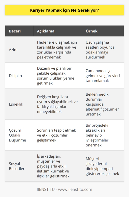 Kariyer yapmak için başarıya ulaşmak için çok titiz bir şekilde çalışmak gerekiyor. Ayrıca, sonuç odaklı hedefler koymak ve bunlara ulaşmak için her zaman en iyi çabayı göstermek gerekiyor. Bir kariyerde başarılı olmak için aynı zamanda   , disiplin, esneklik, çözüm odaklı düşünme, etkili iletişim, takım çalışması yetenekleri ve sosyal beceriler gerekiyor.