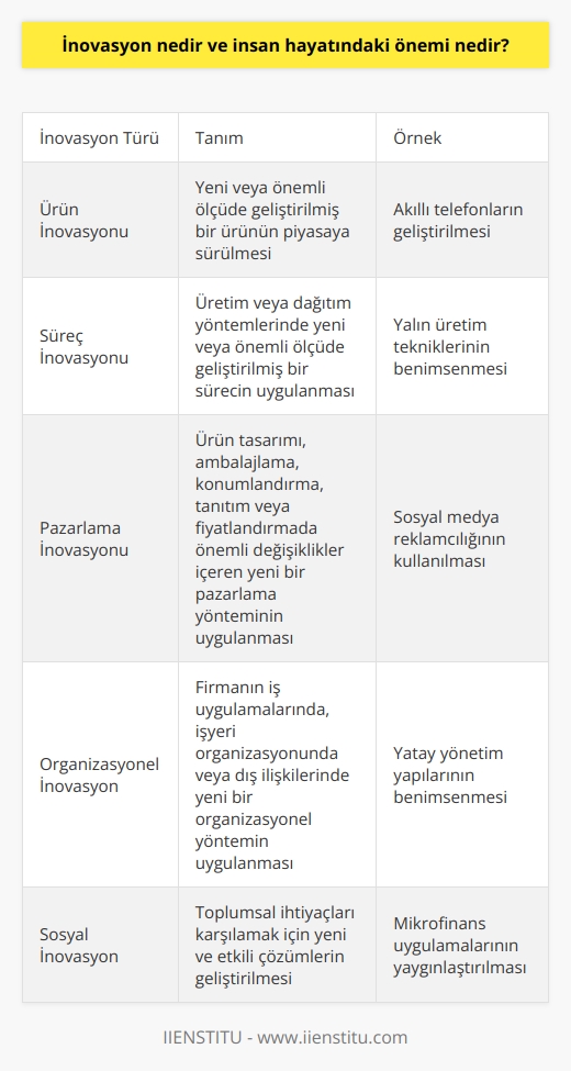 İnovasyonun Tanımı ve İnsan Hayatındaki Önemi  İnovasyon, temelde fayda sağlayıcı yaratıcı fikirlerin geliştirilip ticari olarak uygulanması anlamına gelir. İnovasyon sayesinde yeni teknolojiler, ürünler ve hizmetler ortaya çıkar. Bu süreç, insan hayatının her alanında etkili olduğu gibi ekonomik büyüme ve iş yaratma gibi önemli sonuçlar da doğurur.  Teknolojik ve Sosyal İnovasyon Çeşitleri  İnovasyon, hem teknolojik hem de sosyal anlamda önem taşır. Teknolojik inovasyon, Sanayi Devriminin başlangıcından bu yana önemli bir rol oynamaktadır. Sosyal inovasyon ise toplumların ihtiyaçlarını karşılamak için yeni ve etkili yöntemlerin geliştirilmesi anlamına gelir ve tarihsel olarak büyük siyasi devrimlerle iç içe geçmiştir.  Üretim İşlevi Yaklaşımı ve İnovasyonun Tanımı  İnovasyonun ne olduğunu tanımlamak için üretim işlevi yaklaşımı kullanılabilir. Bu yaklaşıma göre, üretim faktörleri - sermaye, emek ve hammaddeler - yeni malların üretilmesinde veya hizmetlerin sunulmasında farklı şekillerde birleşir. Bu süreçte, ekonomiler, mevcut olan ürünler ve hizmetlerin üzerine yeni ve daha etkili çözümler üreterek büyüyebilir.  Genel Amaçlı Teknolojiler ve İnovasyonun Önemi  İnovasyonun gerçek anlamı ve değeri, ekonomistlerin genel amaçlı teknolojiler (GPTler) dediği teknolojik gelişmelerle ortaya çıkar. Bu tür yenilikler, mevcut yapıları ve süreçleri daha verimli hale getirerek ekonomik büyümeyi sağlar ve insan hayatının niteliğini artırır.  İnovasyon ve İş Dünyası İçin Anlamı  İş dünyası açısından inovasyon, örgütlerin içinde bulunan kaynakları ve fırsatları en iyi şekilde değerlendirerek rekabette öne geçmelerini sağlar. Yeni ürünler ve hizmetlerin geliştirilmesi ve sunulması, ekonomik büyüme ve iş yaratma sürecini destekler ve aynı zamanda insanların yaşam kalitesini artırır.  Sonuç olarak, inovasyon, insan hayatının her alanında önem taşıyan ve toplumların gelişmesi için kritik bir süreçtir. Teknolojik ve sosyal inovasyon arasındaki denge, ekonomik büyüme, sosyal refah ve daha iyi yaşam koşullarının sağlanmasında kilit bir faktördür. Bu nedenle, inovasyonun anlaşılması ve uygulanmasına yönelik çalışmalara ve politikalara önem verilmelidir.