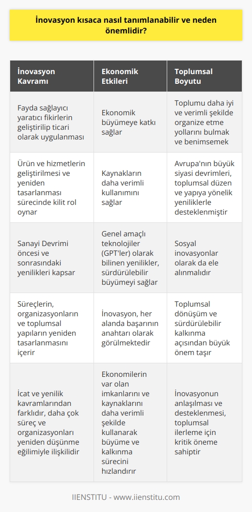 İnovasyonun Tanımlanması ve Önemi  İnovasyon, temelinde, fayda sağlayıcı yaratıcı fikirlerin geliştirilip ticari olarak uygulanmasıdır. İnovasyonun uygulama alanı oldukça geniş olup, teknolojik gelişmeler ve toplumun ihtiyaçları doğrultusunda sürekli olarak evrimleşir. İnovasyon, ürün ve hizmetlerin geliştirilmesi ve yeniden tasarlanması sürecinde kilit bir rol oynar (Solow 1956). Sanayi Devriminden öncesi ve sonrasındaki yenilikler de dahil olmak üzere, tüm ekonomik döngülerde bu inovatif süreçler mevcuttur.  İnovasyon, Teknoloji ve Ekonomik Büyüme  İnovasyonun tanımı ve kavramsal çerçevesine dair çeşitli yaklaşımlar olsa da, genel kabul gören temel nokta, bu sürecin ekonomik büyümeye katkısıdır. İnovasyon sayesinde, ekonomiler var olan imkanlarını ve kaynaklarını daha verimli şekilde kullanarak büyüme ve kalkınma sürecini hızlandırabilirler. Genel amaçlı teknolojiler (GPTler) olarak bilinen bu tür yenilikler, mevcut durumu iyileştirmek ve sürdürülebilir büyümeyi sağlamak adına ortaya çıkan yeni teknolojilerdir (Romer 1990).  İnovasyonun Toplumsal Boyutu  İnovasyon sadece teknolojik açıdan değil, sosyal inovasyonlar olarak da ele alınmalıdır. Avrupanın büyük siyasi devrimleri, toplumsal düzen ve yapıya yönelik yeniliklerle de desteklenmiştir. Bu bağlamda, inovasyon; toplumu daha iyi ve verimli şekilde organize etme yollarını bulmak ve benimsemek olarak tanımlanabilecektir.  İnovasyon, İcat ve Yenilik  İnovasyon ile icat ve yenilik kavramları genellikle birbiriyle karıştırılır ve birbirinin yerine kullanılır (Zucker 1987; Rosenberg & Nelson 1992; Rothaermel 2006). Ancak önemli bir ayrım yapmak gerekirse, inovasyon daha çok süreç ve organizasyonları yeniden düşünme eğilimiyle ilişkilidir. İcat ve yenilik ise ortaya çıkan yeni ürün ve hizmetlerin doğrudan değerlendirilmesi üzerine odaklanır.  Sonuç olarak, inovasyon kavramı; süreçlerin, organizasyonların ve toplumsal yapıların yeniden tasarlanması, yeni ve yaratıcı fikirlerin geliştirilerek ticari olarak uygulanması anlamlarına gelir. İnovasyon, ekonomik büyüme, toplumsal dönüşüm ve sürdürülebilir kalkınma açısından büyük önem taşır. Bu sebeple, inovasyonun anlaşılması ve desteklenmesi, her alanda başarının anahtarı olarak görülmektedir.