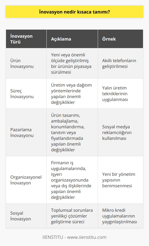 İnovasyon Kavramı ve Önemi  İnovasyon, Türkçede yenilik ve yenilikçilik anlamına gelen, uygulama alanı geniş olan, temelinde fayda sağlayıcı yaratıcı fikirlerin geliştirilip ticari olarak uygulanması sürecidir. Bu yenilenme, çağın getirdiği imkânlar ile ihtiyaçları bir araya getirerek gerçekleştirilir. İnovasyon, teknoloji çağında bireyden topluma kadar her alanda artan rekabet ortamıyla birlikte giderek önem kazanmıştır.  İnovasyonun Tarihi Yansımaları  Sanayi Devriminden önceki inovasyona baktığımızda, yeni teknolojiler veya toplumu organize etme yolları gibi bugün “sosyal” yenilikler olarak adlandırılacak şeylere odaklanmaya eğilimliyiz. Avrupanın büyük siyasi devrimleri aynı zamanda sosyal inovasyonu da içeriyordu. Bu bağlamda, inovasyonun tarihsel süreç içerisinde önemli bir yeri olduğunu görebiliriz.  İnovasyonun Tanımı ve Ekonomideki Yeri  İnovasyonu nasıl tanırız? Üretim işlevi yaklaşımını benimseyerek, tüm üretim faktörlerinin - sermaye, emek ve hammaddeler - yeni mallar üretildiğinde veya hizmetler sunulduğunda farklı şekillerde birleşme eğiliminde olduğunu varsayabiliriz. Buna göre, ekonomilerin halihazırda üretilenleri artırarak daha fazla büyüyebileceği savunulmaktadır.  İnovasyon Türleri: İcat ve Yenilik  Birçok kişi, inovasyonun icat ve yeni ürünler veya hizmetler anlamına geldiğini düşünmektedir. Ancak akademik literatürde buluş ve yenilik arasında net bir ayrım yoktur. İş dünyası ve kamu kesimi için gerçekten fayda sağlayan yenilik türü, halihazırda sahip olduklarımızdan daha fazlasını yapan ekonomistlerin genel amaçlı teknolojiler (GPTler) dediği şeyi içerir.  Sonuç  İnovasyon, ekonomik büyümeyi ve iş yaratmayı yönlendiren önemli bir kavramdır. Ürünler, süreçler ve organizasyonel değişimlerde etkili olan inovasyon, sermaye, emek ve ham madde faktörlerinin farklı şekillerde birleşimi olarak değerlendirilebilir. Ayrıca, buluş ve yenilik arasındaki farka rağmen, inovasyonun önemli bir değer yaratan unsur olarak kabul edildiğini görebiliriz.