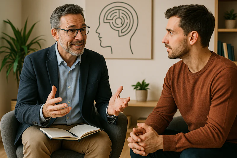 A professional coach having an engaging conversation with an individual, symbolizing personalized guidance and self-discovery.