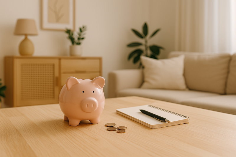 In a bright, modern living room with minimalistic décor, a wooden table holds a small piggy bank. Next to it are a few coins, a notebook, and a pen. Lush green plants are visible in the background, creating a warm and realistic atmosphere in the photo.