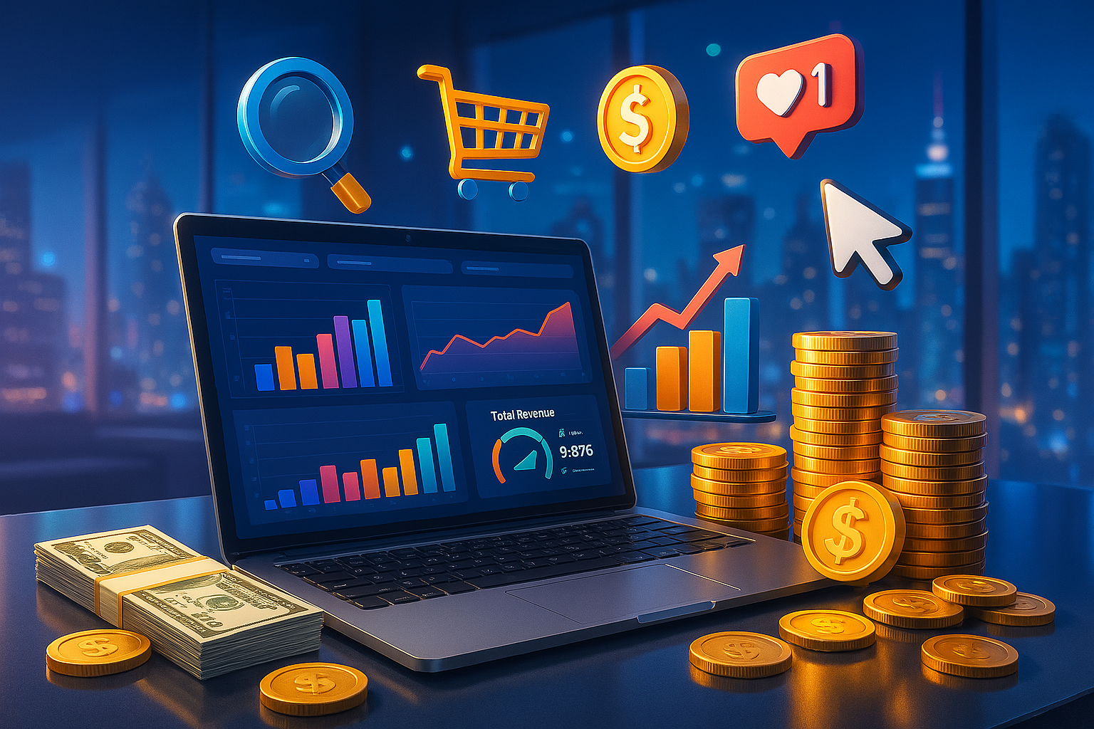 Imagine a vibrant, hyper-detailed digital illustration set in a modern, tech-inspired workspace where the concept of “cost for digital marketing” is visually represented. In the foreground, there’s a sleek laptop displaying multiple colorful analytics dashboards—bar charts, line graphs, and KPI metrics—all indicating rising returns on investment. Beside the laptop, stacks of coins and dollar bills tumble across a glossy tabletop, symbolizing budget allocation and monetary investment. Overhead, 3D-style infographic icons (like a magnifying glass, shopping cart, social media notifications, and a clicking cursor) float in mid-air, emphasizing various online marketing channels. The background features a soft-glow futuristic cityscape beyond panoramic windows, suggesting global reach and digital innovation. The overall atmosphere is energized yet professional, with a dynamic color palette blending brilliant blues, purples, and gold accents. Make the scene hyperrealistic and crisp, with intricate detail on the analytics screens and each coin. The final image should convey the essence of cost for digital marketing—strategic spend, measurable growth, and high-tech analysis.