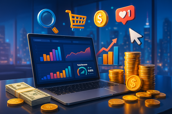 Imagine a vibrant, hyper-detailed digital illustration set in a modern, tech-inspired workspace where the concept of “cost for digital marketing” is visually represented. In the foreground, there’s a sleek laptop displaying multiple colorful analytics dashboards—bar charts, line graphs, and KPI metrics—all indicating rising returns on investment. Beside the laptop, stacks of coins and dollar bills tumble across a glossy tabletop, symbolizing budget allocation and monetary investment. Overhead, 3D-style infographic icons (like a magnifying glass, shopping cart, social media notifications, and a clicking cursor) float in mid-air, emphasizing various online marketing channels. The background features a soft-glow futuristic cityscape beyond panoramic windows, suggesting global reach and digital innovation. The overall atmosphere is energized yet professional, with a dynamic color palette blending brilliant blues, purples, and gold accents. Make the scene hyperrealistic and crisp, with intricate detail on the analytics screens and each coin. The final image should convey the essence of cost for digital marketing—strategic spend, measurable growth, and high-tech analysis.