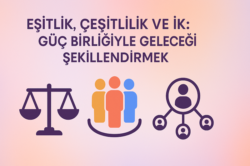 Bu 16:9 görsel, insan kaynakları alanında eşitlik ve çeşitliliğin bir araya gelişini simgeliyor. Ortada birleşen üç sembol – terazi (eşitlik), çok renkli insan figürleri (çeşitlilik) ve bir kişi simgesiyle çevrili ağ (İK) – birlikte kapsayıcı ve adil bir iş kültürünü temsil ediyor. Arka planda yumuşak renk geçişleriyle desteklenen modern bir tasarım, iş dünyasında farklılıkların güce dönüşmesini vurguluyor. Bu görsel, insan kaynakları profesyonellerine ilham vermek ve değişimin öncüsü olmaları için çağrıda bulunuyor.