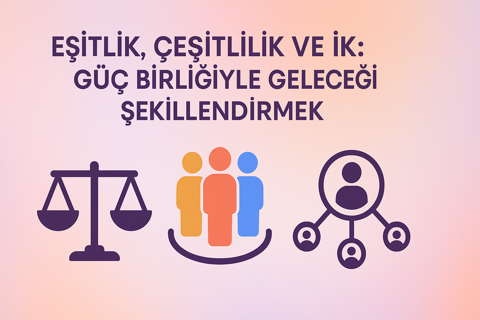 Bu 16:9 görsel, insan kaynakları alanında eşitlik ve çeşitliliğin bir araya gelişini simgeliyor. Ortada birleşen üç sembol – terazi (eşitlik), çok renkli insan figürleri (çeşitlilik) ve bir kişi simgesiyle çevrili ağ (İK) – birlikte kapsayıcı ve adil bir iş kültürünü temsil ediyor. Arka planda yumuşak renk geçişleriyle desteklenen modern bir tasarım, iş dünyasında farklılıkların güce dönüşmesini vurguluyor. Bu görsel, insan kaynakları profesyonellerine ilham vermek ve değişimin öncüsü olmaları için çağrıda bulunuyor.