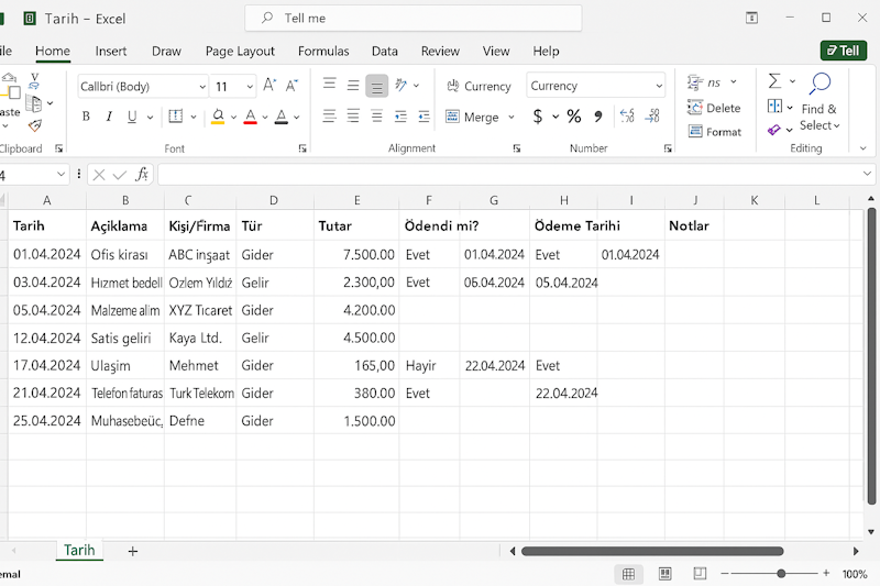 Görselde, Microsoft Excel'de oluşturulmuş bir Türkçe finans takibi tablosu yer almaktadır. Üst kısımda Excel’in klasik menü ve şerit (ribbon) bölümleri görünmektedir; "Giriş" sekmesi aktiftir. Tablo başlıkları şunlardır: "Tarih," "Açıklama," "Kişi/Firma," "Tür," "Tutar," "Ödendi mi?," "Ödeme Tarihi," ve "Notlar." Bu sütunlar altında örnek veriler yer almakta, her satır farklı bir finansal işlemi temsil etmektedir. Hücreler düzenli hizalanmış, ızgara çizgileri belirgin ve sayfa genelinde profesyonel, temiz bir görünüm hâkimdir.