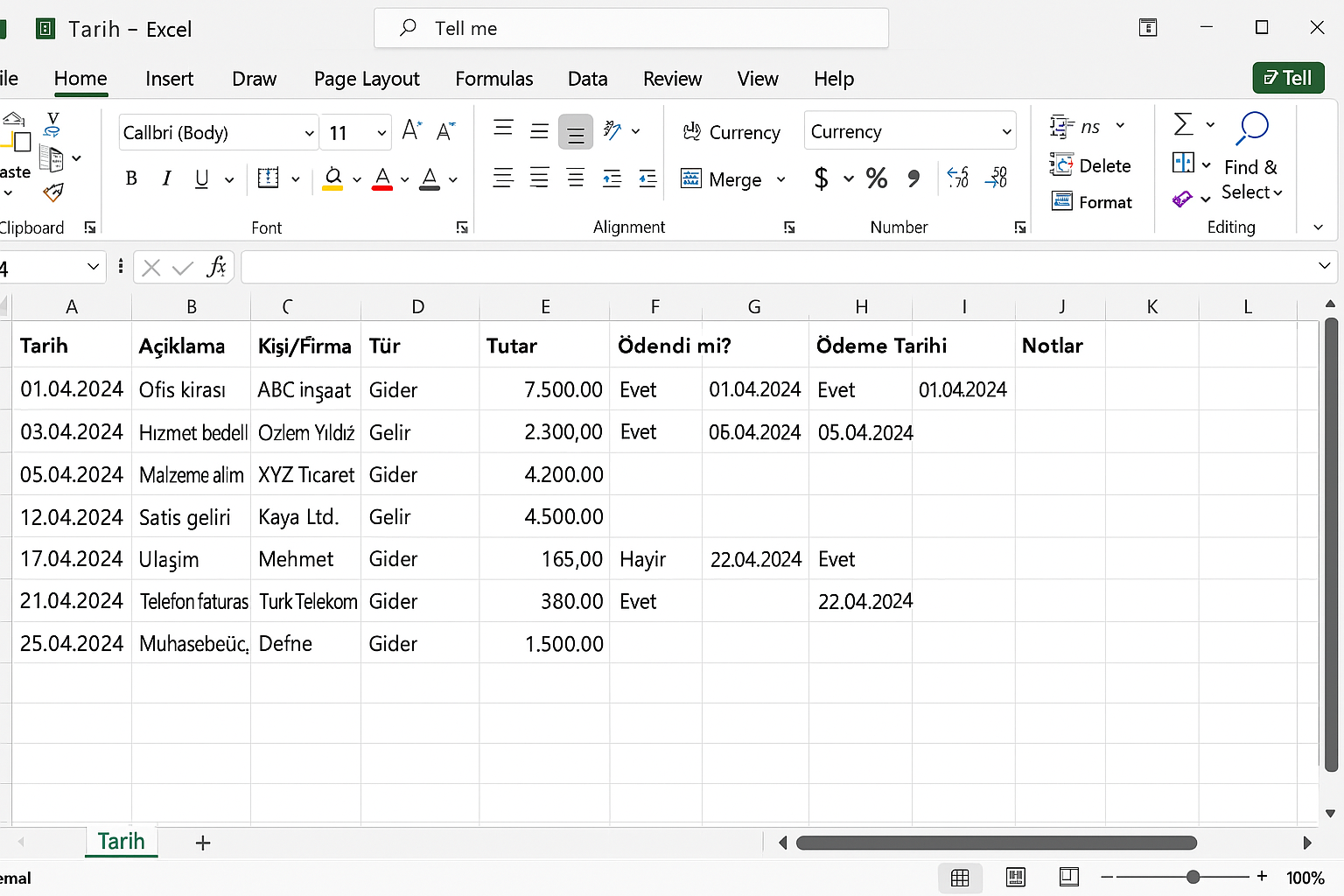 Görselde, Microsoft Excel'de oluşturulmuş bir Türkçe finans takibi tablosu yer almaktadır. Üst kısımda Excel’in klasik menü ve şerit (ribbon) bölümleri görünmektedir; "Giriş" sekmesi aktiftir. Tablo başlıkları şunlardır: "Tarih," "Açıklama," "Kişi/Firma," "Tür," "Tutar," "Ödendi mi?," "Ödeme Tarihi," ve "Notlar." Bu sütunlar altında örnek veriler yer almakta, her satır farklı bir finansal işlemi temsil etmektedir. Hücreler düzenli hizalanmış, ızgara çizgileri belirgin ve sayfa genelinde profesyonel, temiz bir görünüm hâkimdir.