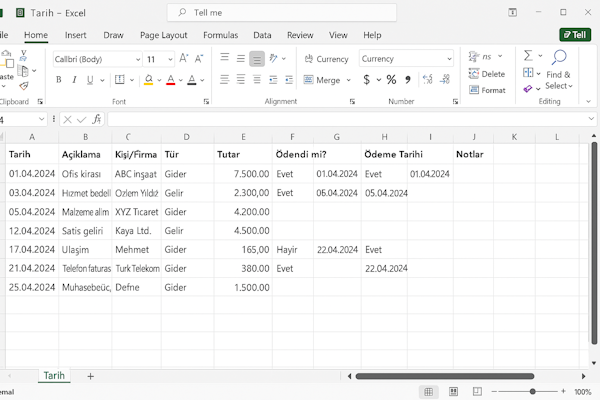 Görselde, Microsoft Excel'de oluşturulmuş bir Türkçe finans takibi tablosu yer almaktadır. Üst kısımda Excel’in klasik menü ve şerit (ribbon) bölümleri görünmektedir; "Giriş" sekmesi aktiftir. Tablo başlıkları şunlardır: "Tarih," "Açıklama," "Kişi/Firma," "Tür," "Tutar," "Ödendi mi?," "Ödeme Tarihi," ve "Notlar." Bu sütunlar altında örnek veriler yer almakta, her satır farklı bir finansal işlemi temsil etmektedir. Hücreler düzenli hizalanmış, ızgara çizgileri belirgin ve sayfa genelinde profesyonel, temiz bir görünüm hâkimdir.