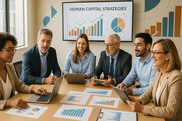 In a modern, well-lit office, six business professionals of diverse ages and ethnic backgrounds are gathered around a large table. Each person has a laptop, tablet, or documents in front of them. Data charts and performance tables are visible on the table, while abstract design elements in the background highlight innovation and company success. The atmosphere reflects productivity and collaboration.