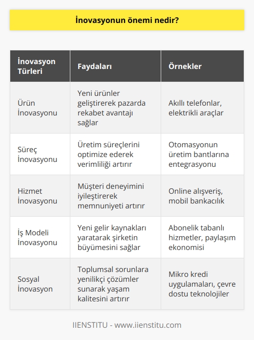 İnovasyon, bir şirketin ürün veya hizmetlerinin sürekli olarak geliştirilmesini sağlamak için yeni fikirlerin geliştirilmesi ve uygulanması olarak tanımlanır. İnovasyon, bir şirkete rekabet avantajı sağlamak ve ölçeklenebilirlik için önemlidir. İnovasyon, iş gücü, ekonomik çıktı ve üretkenlik için işletmelerin zorunlu olduğu günümüzde bir zorunluluk haline gelmiştir. İnovasyon, şirketlerin yeni ürün ve hizmetleri hızlı bir şekilde pazara sunma yeteneğini arttırır. Bu sayede, şirketler pazar payını ve kârlılığını arttırma fırsatına sahip olabilir. Ayrıca, şirketlere rekabet üstünlüğü sağlar ve yeni fikirlerin keşfedilmesine olanak tanır.