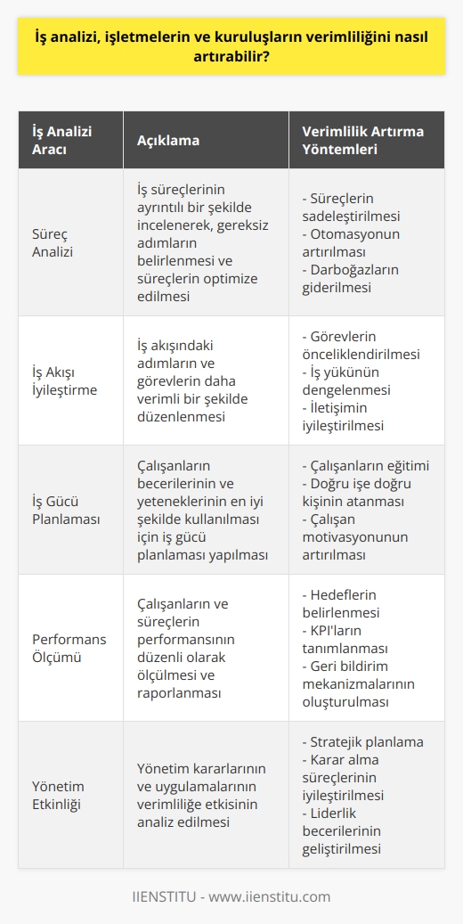 İş analizi, işletmelerin ve kuruluşların verimliliğini artırmak için birçok farklı araç ve teknikleri kullanarak işleri optimize edebilir. Bunlar, iş süreçlerinin analiz edilmesi, iş akışının iyileştirilmesi, iş gücünün etkin kullanımı, çalışanların eğitiminin verilmesi veya yönetimin etkinliğinin arttırılması gibi birçok alanda kullanılabilmektedir. İş analizi, gerekli veri toplama, raporlama ve ölçümlerin yapılmasını gerektirerek, firmanın karlılığını, operasyonlarını ve çalışanlarının performansını artırmaya yardımcı olabilmektedir.