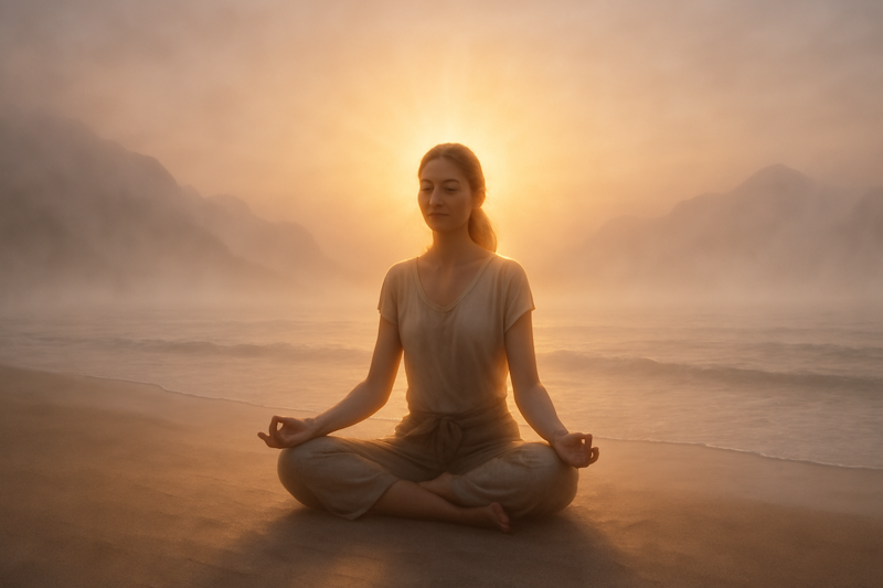 Gün doğumunda sakin bir kumsalda meditasyon yapan kadın, içsel huzur ve kişisel gelişimin ruhsal boyutunu simgeliyor.