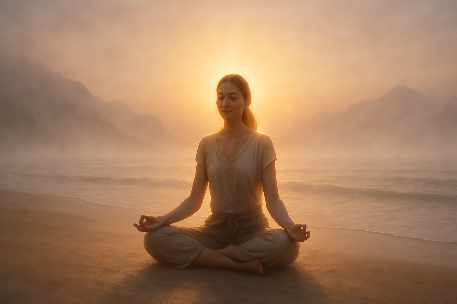 Gün doğumunda sakin bir kumsalda meditasyon yapan kadın, içsel huzur ve kişisel gelişimin ruhsal boyutunu simgeliyor.