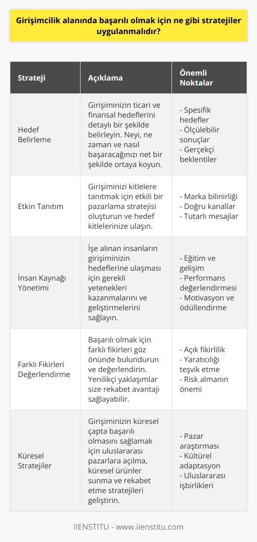 1. Girişiminizin ticari ve finansal hedeflerinin detaylı bir şekilde belirlenmesi: Başarılı bir girişimin temelinde hedefler belirlemek yatar. Girişiminizin neyi başarmak istediğini, ne zaman başarmak istediğini ve bunu nasıl başaracağınızı açıkça belirlemelisiniz.  2. İşinizi tanıtmak: Girişiminizi kitlelerin gözünde tanıtmak başarılı olmanız için çok önemlidir. Etkin bir pazarlama stratejisi oluşturmalısınız ve hedef kitlelerinize ulaşmalısınız.  3. İşe alınan insanların değerlendirilmesi: Başarılı bir girişimin temelinde insan kaynağı vardır. İşe alınan insanların, girişiminizin hedeflerine ulaşması için gerekli yetenekleri kazanmaları ve zaman içinde geliştirmeleri için yeterli destek verilmelidir.  4. Farklı fikirlerin göz önünde bulundurulması: Girişiminizde başarılı olmak için farklı fikirlerin göz önünde bulundurulması ve değerlendirilmesi çok önemlidir.  5. Küresel stratejilerin belirlenmesi: Girişiminizin küresel çapta başarılı olmasını sağlamak için, küresel stratejiler oluşturmalısınız. Bu stratejiler, işinizi uluslararası pazarlara açma, küresel ürünler sunma ve küresel ürünlerde rekabet etme gibi uygulamaları içerir.