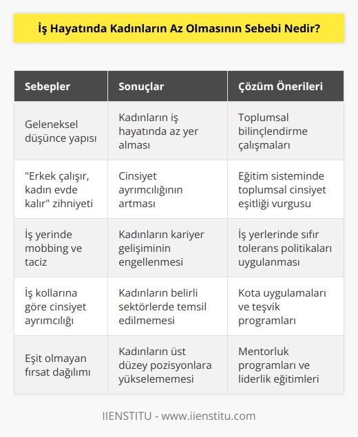 Bu oranın daha düşük olmasının en önemli sebeplerinden birisi geleneksel düşünce yapısı.  Erkek çalışır, kadın evde kalır  zihniyeti ile hareket eden bireyler iş yerinde mobbing, taciz ve iş kollarına göre cinsiyet ayrımcılığı gibi sorunları daha da arttırmaktadır. 