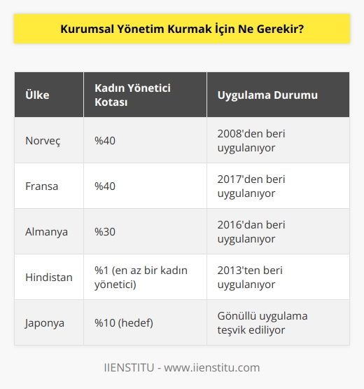 Etkili bir kurumsal yönetim kurmak için toplantı odasında cinsiyet çeşitliliği olması gerekir. Norveç ve    dahil birçok Avrupa ülkesi, en büyük kurumların yönetiminde kadınların bulunması için kotalar belirlediler. Bu konu Asya ve ortadoğu ülkelerinde geniş bir şekilde ihmal ediliyor.