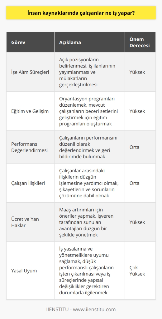 İnsan Kaynakları Görevleri  İnsan kaynakları departmanında çalışanlar, bir kuruluşun en önemli varlığı olan çalışanlarını yönetmekten sorumludur. Görevleri arasında; işe alım, eğitim, performans değerlendirmesi ve çalışan ilişkileri gibi alanları kapsamaktad.  İşe Alım Süreçleri  İnsan kaynakları çalışanları, işe alım süreçlerini yöneterek, uygun adayların işe kabul edilmesini sağlarlar. Bu süreç, açık pozisyonların belirlemesi, iş ilanlarının yayımlanması ve mülakatların gerçekleştirilmesi gibi işleri kapsar.  Eğitim ve Gelişim  İnsan kaynakları, çalışanların eğitim ve gelişim faaliyetlerini düzenler. Bu, yeni başlayan çalışanlar için oryantasyon programları düzenlemekten, mevcut çalışanların beceri setlerini geliştirmek için eğitim programları oluşturmaya kadar uzanır.  Performans Değerlendirmesi  Departman, çalışanların performansını düzenli olarak değerlendiren ve geri bildirimde bulunan bir sistem olarak hizmet eder. Bu değerlendirmeler, çalışanların başarısını güvenilir bir şekilde ölçmeye ve iç hedeflerle hizmet etmeye yardımcı olur.  Çalışan İlişkileri  İnsan kaynakları, çalışanlar arasındaki ilişkilerin düzgün işlemesine yardımcı olur. Bu, şikayetlerin ve sorunların çözümüne veya işyeri politikalarının yönetilmesine dair dahil edilebilir.  Ücret ve Yan Haklar  İnsan kaynakları, çalışanların ücret ve yan haklarını yönetir. Bu, maaş artırımları için öneriler yapmak veya işveren tarafından sunulan avantajları düzgün bir şekilde yönetmek anlamına gelebilir.   Yasal Uyum  İş yasalarına ve yönetmeliklere uyumu sağlamak için, insan kaynakları çalışanları kurumun gerekliliklerini sürekli olarak izler ve günceller. Bu, düşük performanslı çalışanların işten çıkarılması veya iş süreçlerinde yapısal değişiklikler gerektiren durumlarla ilgilenebilmektedir.  Sonuç olarak,   nda çalışanlar, kuruluşun ihtiyaçlarına uygun insan gücünün sağlanması, eğitim ve gelişimin düzenlenmesi, çalışan performansının yönetilmesi ve işyeri ilişkilerinin düzgün işlemesine önemli katkı sağlar. Bu sayede, hem işveren hem de çalışanların memnuniyeti ve verimliliği artar.