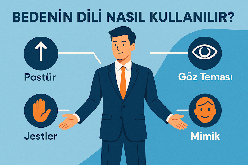Bedenin Dili Nasıl Kullanılır?” başlıklı infografik: Lacivert takım elbiseli bir erkek figürü, etrafında oklarla işaretlenen dört ikon—postür (yukarı ok), göz teması (göz simgesi), jestler (avuç içi) ve mimik (gülen yüz)—ile temel beden dili unsurlarını görsel olarak anlatıyor.