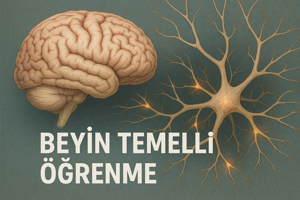 Görüntünün merkezinde yeşil bir arka plan üzerinde beyin görseli ve nöral ağlar yer alıyor. Beyin Temelli Öğrenme metni içeren blog kapak fotoğrafı nöroplastisite ve öğrenme kuramı kavramlarının gösterimini temsil ediyor.