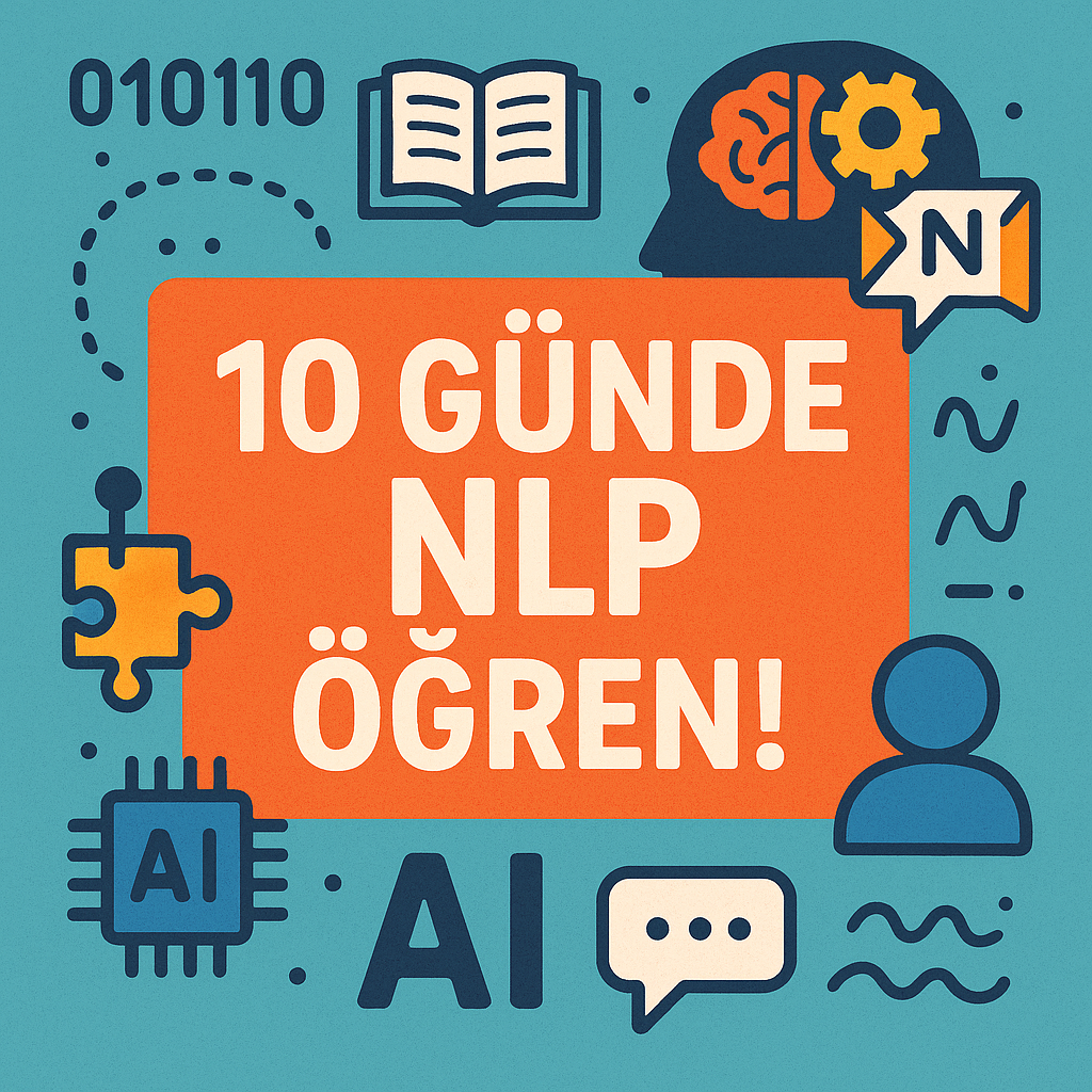 10 Günde NLP Öğren!” yazılı turuncu afiş, etrafında yapay zekâ, konuşma balonu, insan ikonu, beyin-dișli simgesi, yapboz parçası ve ikili kod (binary) gibi doğal dil işleme (NLP) ile ilgili simgelerle çevrili. Arka plan mavi tonlarında.