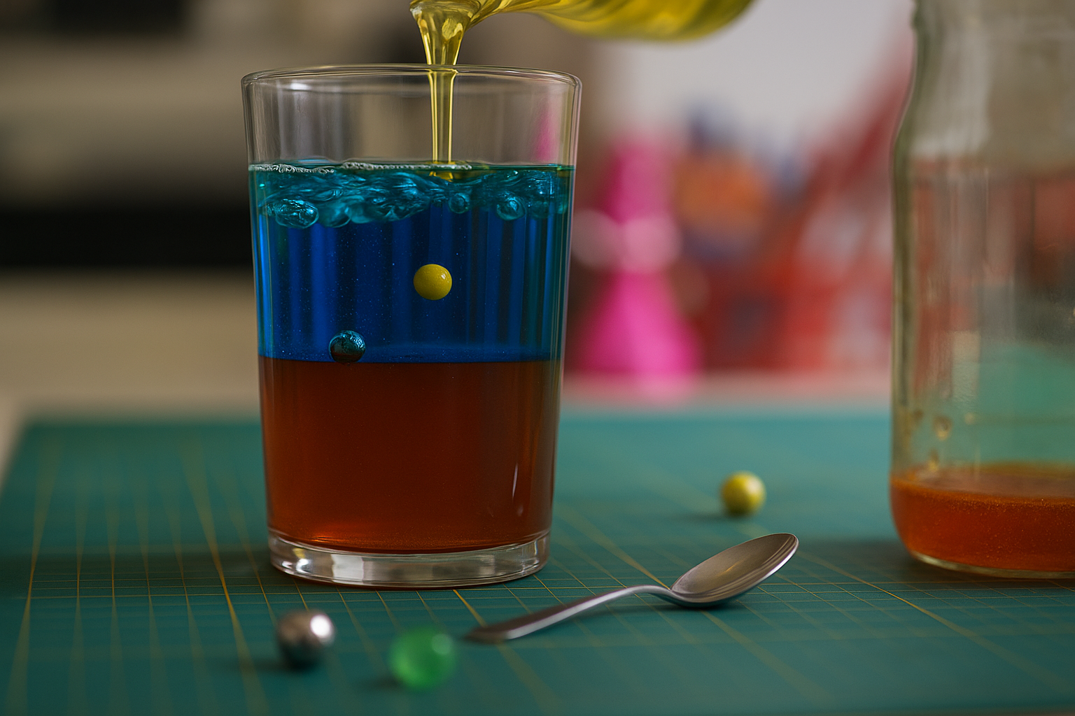 Three layers of honey (dark amber), blue water and spilled golden olive oil are clearly visible in the glass on the green measuring mat; metal ball in the honey, yellow bead floating in the water, spoon and scattered beads in the foreground, honey jar on the right in the blurred background.