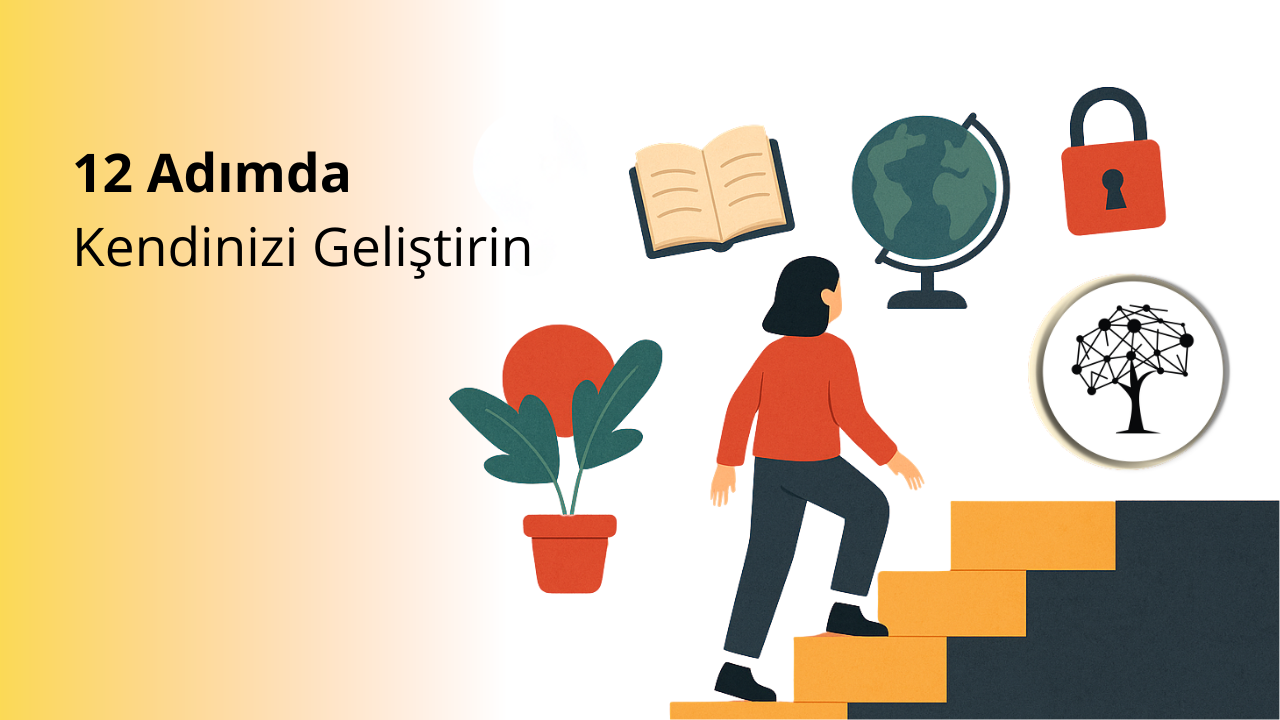 Merdivenleri çıkan bir kadın figürü; etrafında kitap, dünya küresi, ampul, hedef tahtası, kilit ve yapay zeka temalı ağaç logosu bulunan, kişisel gelişim temalı dijital illüstrasyon.