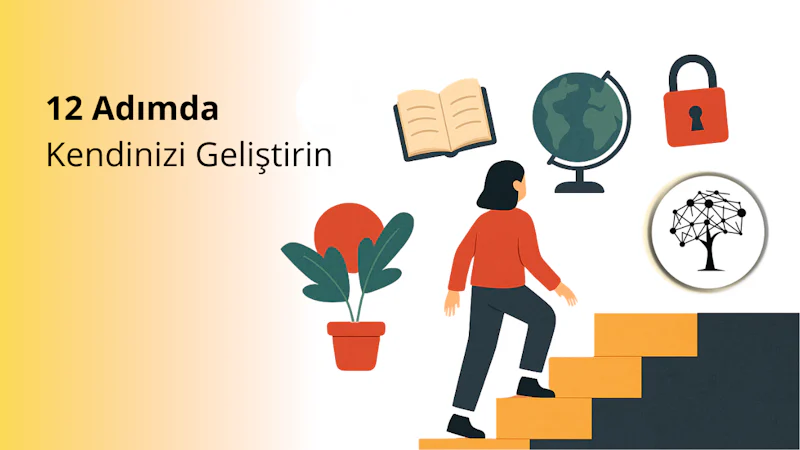 Merdivenleri çıkan bir kadın figürü; etrafında kitap, dünya küresi, ampul, hedef tahtası, kilit ve yapay zeka temalı ağaç logosu bulunan, kişisel gelişim temalı dijital illüstrasyon.