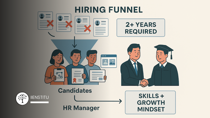 Step-by-step hiring funnel illustration. Top: resumes being filtered out with red X for “2+ years required.” Middle: candidates showing projects, certificates, and portfolios. Bottom: HR manager smiling while shaking hands with a graduate who shows “skills + growth mindset.” Clean, flat infographic design, corporate presentation style.