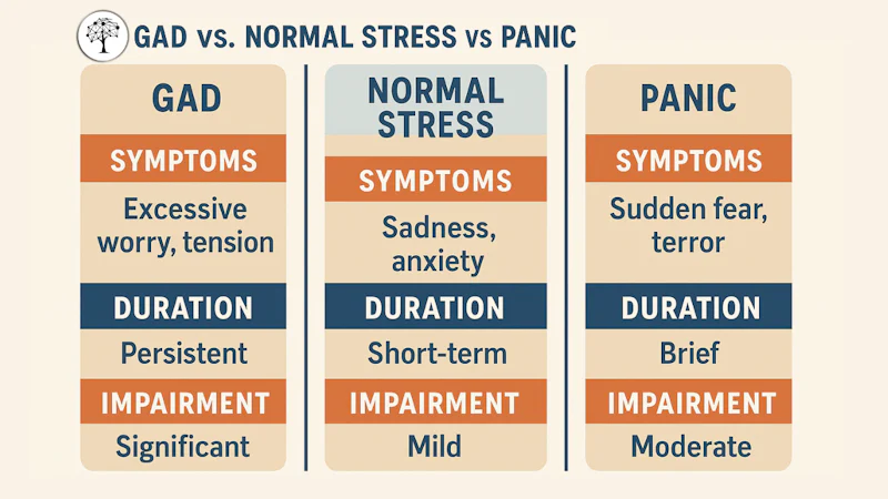 Infographic: “GAD vs. Normal Stress vs. Panic” with symptoms, duration, and impairment.