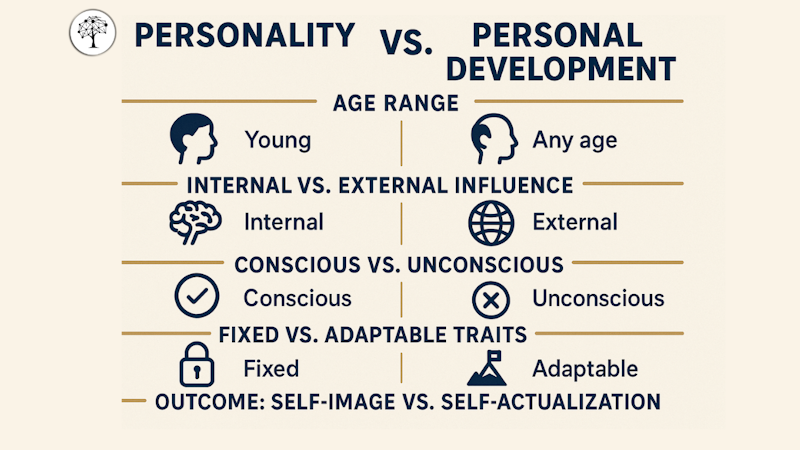 Infographic about: Title: “Personality vs. Personal Development”. Sections: Age range, Internal vs. external influence, Conscious vs. unconscious, Fixed vs. adaptable traits, Outcome: Self-image vs. Self-actualization.