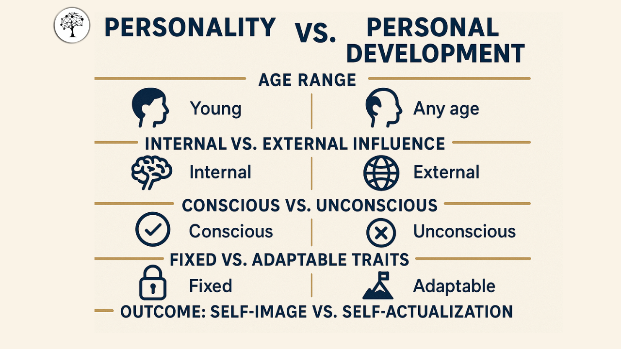 Infographic about: Title: “Personality vs. Personal Development”. Sections: Age range, Internal vs. external influence, Conscious vs. unconscious, Fixed vs. adaptable traits, Outcome: Self-image vs. Self-actualization.