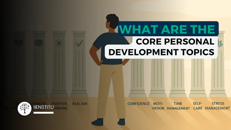 Personal development pillars illustrated with simple icons in a warm, calm palette.