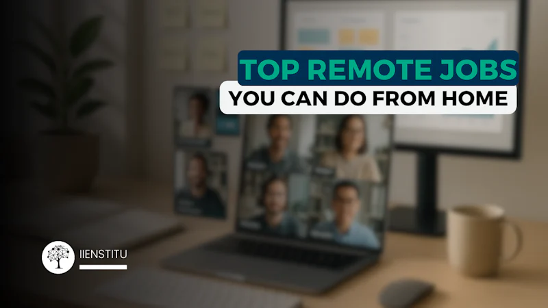 Minimal desk with laptop, analytics screen, plant, and remote teammates in call bubbles.