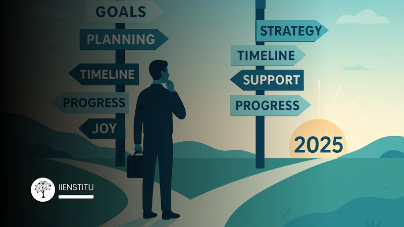 Illustration of a person at a crossroads with seven signposts representing steps of a 2025 personal development plan, symbolizing growth and new beginnings.