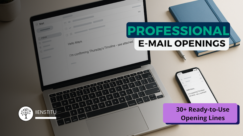 Laptop and phone showing an email client with the greeting and first sentence visible—an example of a professional email opening sentence.