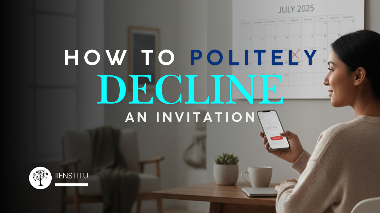 Person kindly declining an event invite on a smartphone with a calendar in view—how to politely decline an invitation.