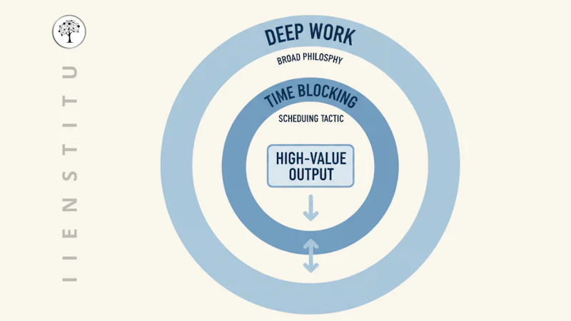 Diagram showing Time Blocking as the tactic inside the broader Deep Work philosophy leading to high-value output.